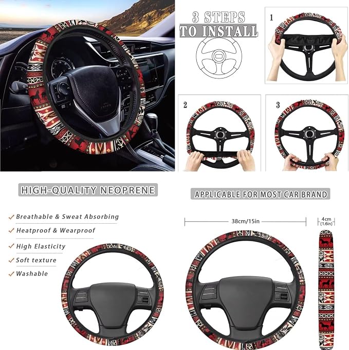 AFPANQZ Red Aztec Horse 11 Pcs Car Front & Rear Seat Covers Full Set Interior Accessories with Steering Wheel Cover, Hand Brake and Gear Shift Knob Cover, Seat Belt Pads