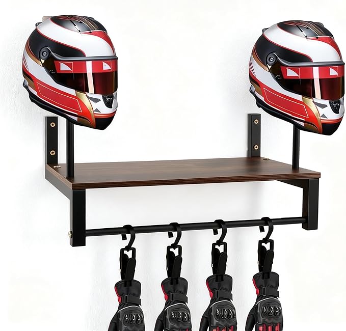 Motorcycle Helmet Holder Wall Mount, 2 Helmet Stands with Gear Rack and 4 Detachable Clips, Wooden and Metal Helmet Organizer for Garage or Entryway, Includes Helmet Storage Bag