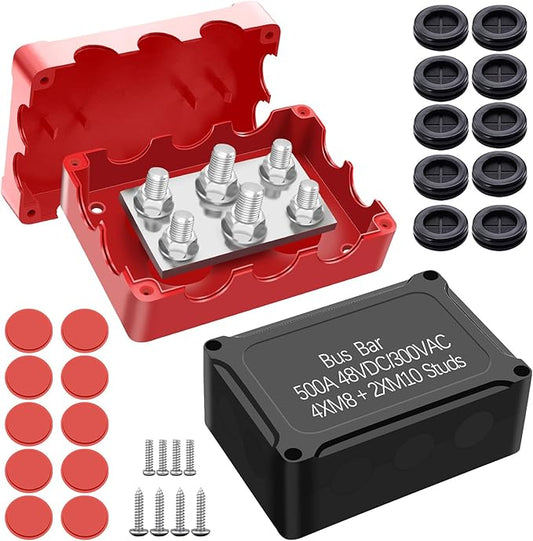 500A Marine Bus Bar Heavy Duty Power Distribution Block, Battery Busbar, Waterproof Automotive Buss Bar with 4X 5/16" (M8) +2X 3/8" (M10) Studs for Car, Boat and Solar Wiring (Black+Red)