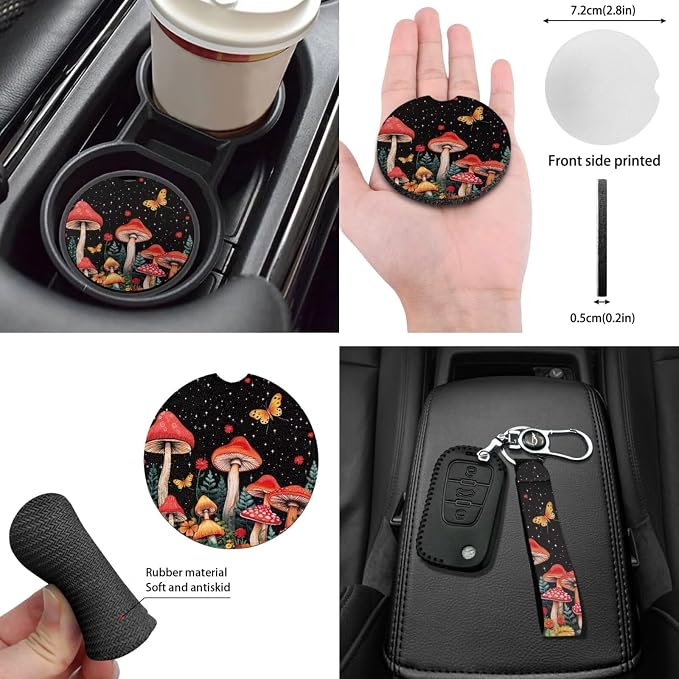 Universal Fit Mushroom Seat Covers for Car,Butterfly Flowers Wild Mushroom Car Coaster/15Inch Steering Wheel Cover/Seatbelt Pads/Keychain/Mirror Cover/Gear Shift Knob Handbreak Pads Accessory
