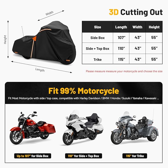 XYZCTEM Motorcycle Cover Heavy Duty Waterproof with Side Box, Fits Harley Davidson Touring Models Road King Road Glide Street Glide Electra Glide Outdoor All Weather Protection, 107 Inch