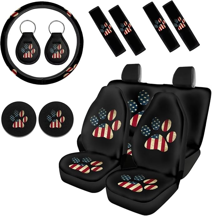 Howilath American Flag Dog Paw Car Seat Cover Full Set 13 Piece with Steering Wheel Covers+Seat Belt Cover Pad+Keychains+Cup Coasters Universal Fit Auto Accessories