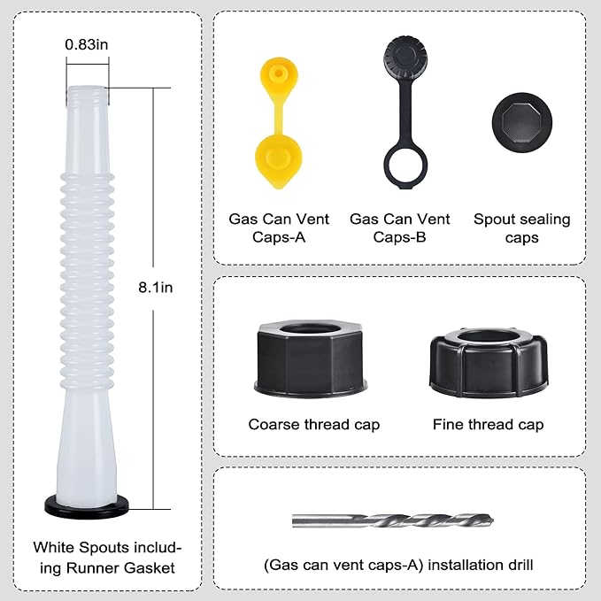 Gas Can Spout Replacement Kit, Gas Can Nozzle Replacement (3 Kit-White) All gaskets are installed and ready to use upon receipt. For 1/2/5/10 gallon gas can. Easy and convenient to use