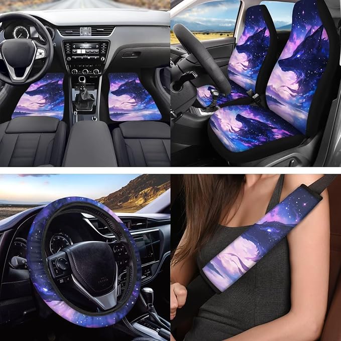 18 Pcs Purple Nebula Wolf Car Seat Covers Full Set Auto Interior Accessories with Steering Wheel Cover Floor Mats Armrest Cover Seat Belt Pads Roof Handle Wraps Cup Coaster Keychain
