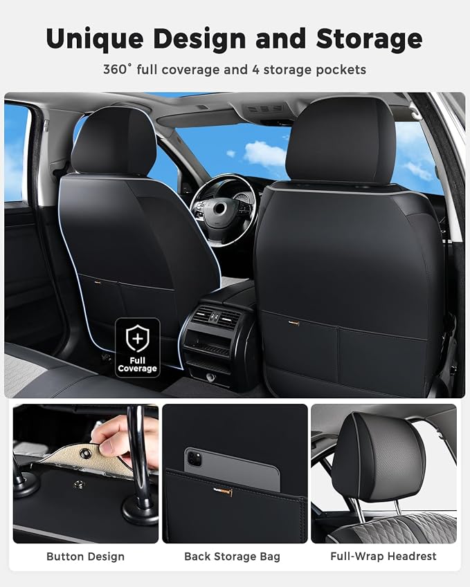 Huidasource Automotive Seat Covers, Nappa Leather Seat Covers Leather with Velcro Adjustable, Airbag, Lumbar Support, Cooling＆Heating, Waterproof Seat Covers Fit for Most Cars SUV Trucks, Black＆Gray