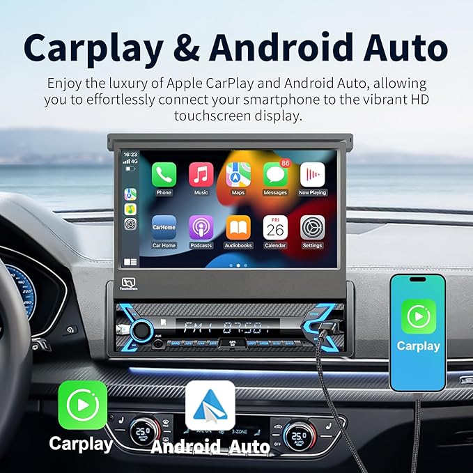 2026 7-inch Motorized Flip-Out Single Din Car Stereo with Apple CarPlay & Android Auto, Bluetooth, HD Touchscreen, Backup Camera, USB/SD/AUX Input, AM/FM Radio, Subwoofer Support & DSP