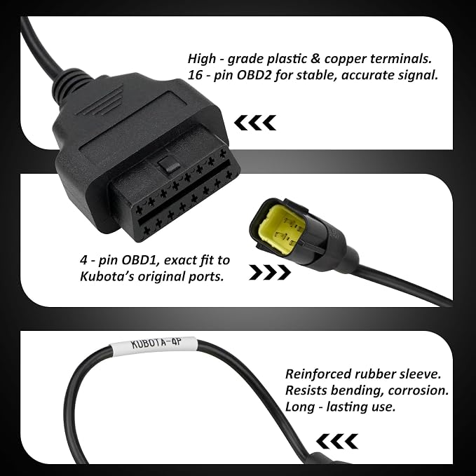 OBD2 Adapter Cable for Kubota Vehicles, 4 Pin to 16 Pin OBD1 to OBD2 Diagnostic Connector, Compatible with OBD II Scan Tools – Replaces 3824-26