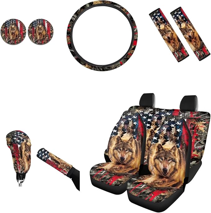 AFPANQZ Wolf Branch Print Car Seat Covers Set of 11 with Steering Wheel Cover+Gear Shift Knob Cover+Auto Handbrake Cover+Seat Belt Strap Pads+Car Coaster