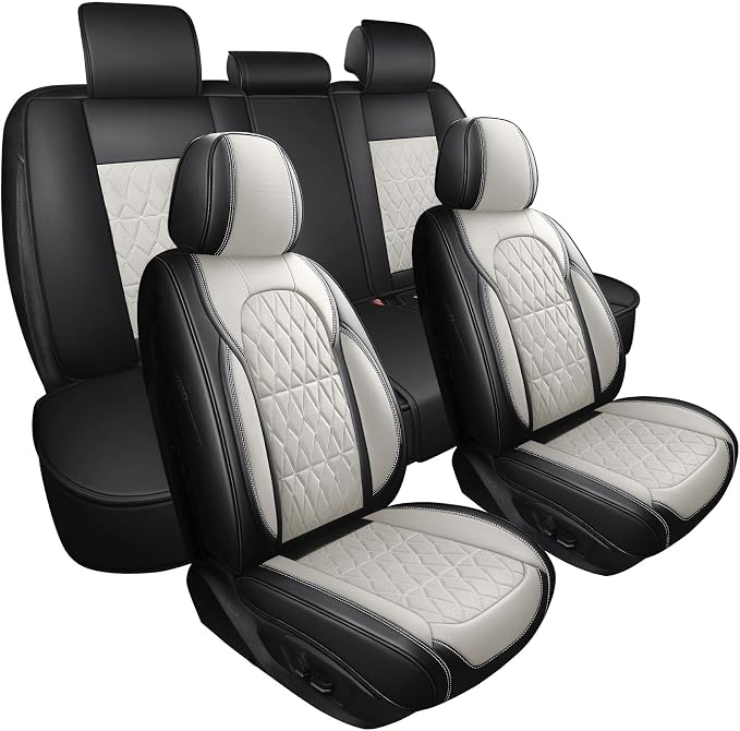 Aierxuan 5 Pcs Full Coverage Leather Car Seat Covers, Universal Fit Ford Kia Hyundai Nissan Honda Subaru Forester Legacy Outback Impreza Tribeca WRX Cruze Equinox Malibu, Black-Beige