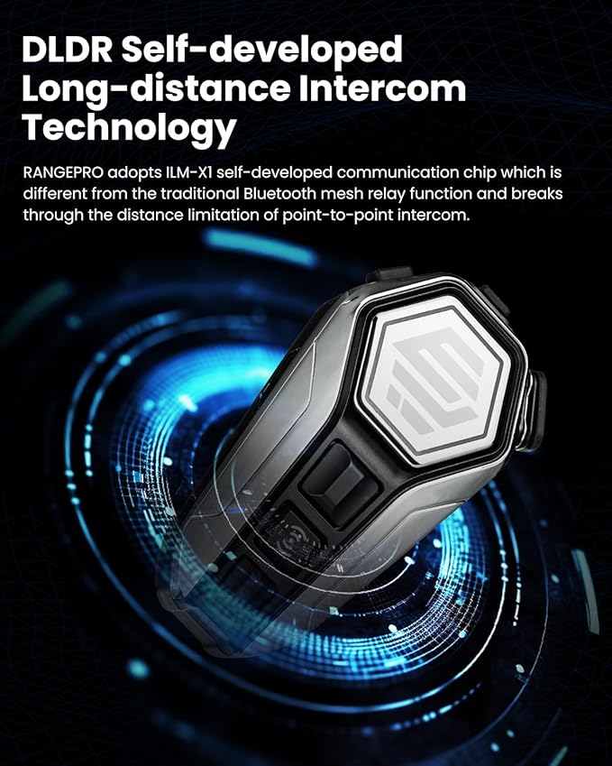 ILM Motorcycle Bluetooth Headset Helmet Communication System 2100M Intercom IP67 Waterproof Noise Cancellation Model RANGEPRO Silver