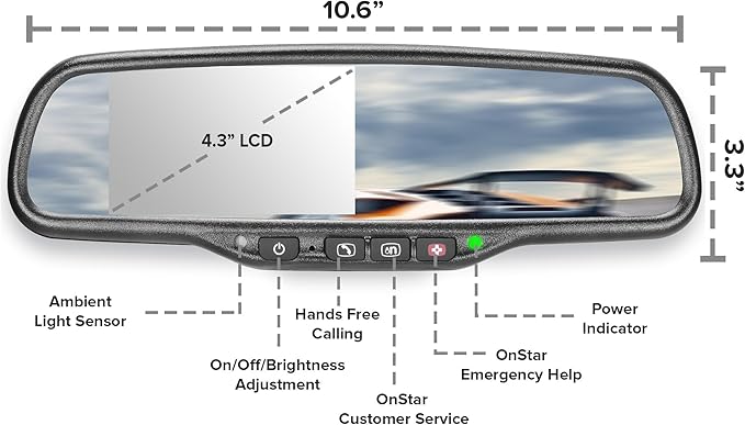 Master Tailgaters 10.5" OEM Rear View Mirror with 4.3" LCD Screen + OnStar Buttons for Existing Wiring | Rearview Universal Fit | Auto Adjusting Brightness LCD | Anti Glare | Full Mirror Replacement