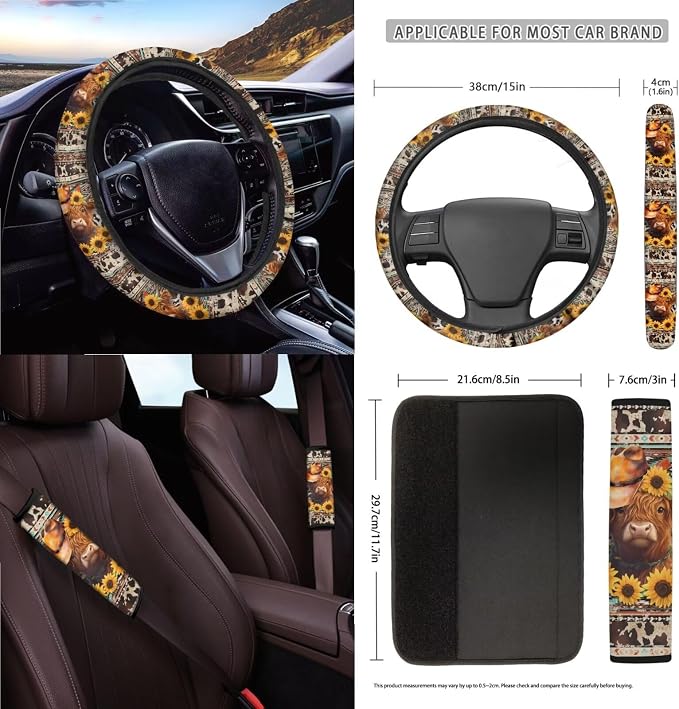 Aztec Tribal Highland Cattle Sunflower Pattern Front Rear Seats Prortector Steering Wheel Cover Seatbelt Pads Cup Coasters Keychain Trash Can 15 PCS Auto Acccessories Decor