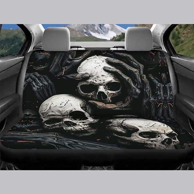 Horror Skeleton Pattern Auto Seat Cover Set of 13, Car Front & Back Seat Cover with Steering Wheel Cover, Seat Belt Covers Cup Holder Keychain, Fit for Most Cars SUV