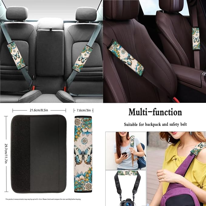 Xoenoiee Butterfly and Boho Mandala Print Car Seat Cover Full Set with Steering Wheel Cover, Seat Belt Cover, Coasters, Key Chains for Cars SUV, Universal Auto Accessories - 11 Pack