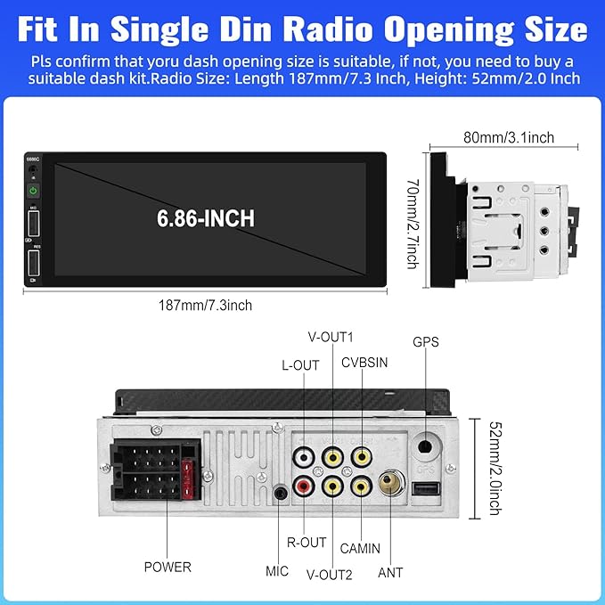 【EQ+5.1-Bluetooth】 Single Din Car Stereo Radio Receiver with A-pple CarPlay Andriod Auto GPS，6.9“ HD Touch Screen 1 din Car MP5 Player FM Radio Mirror Link USB Fast Charge Media Player Backup Cam