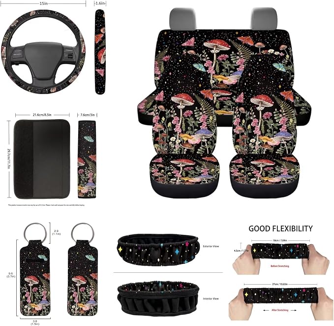 Cottagecore Mushroom Auto Seat Cover Set of 14+Floral Moth Mushroom Seat Covers for Front Rear Back Seats Protection+Universal Fit Steering Wheel Cover+Seatbelt +Keychain+Interior Mirror Cover