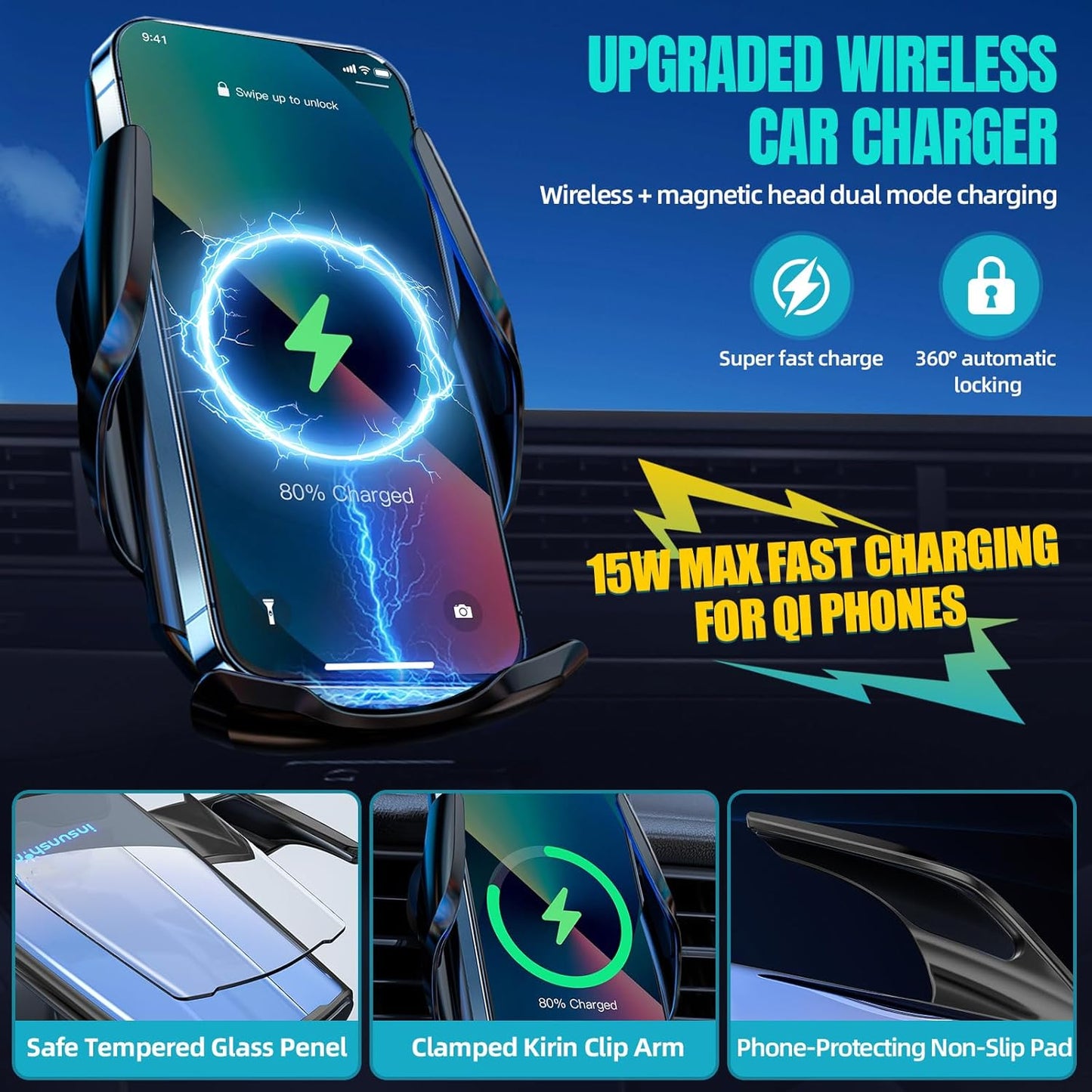 Wireless Car Charger, MAX 15W Fast Charging Auto Clamping, Sensing Phone Holder Mount, fit for iPhone 16 15 14 13 12 Pro Max Xs X, Samsung Galaxy S24 Ultra S23 S22 S21 S20 Note20 (2-Black)