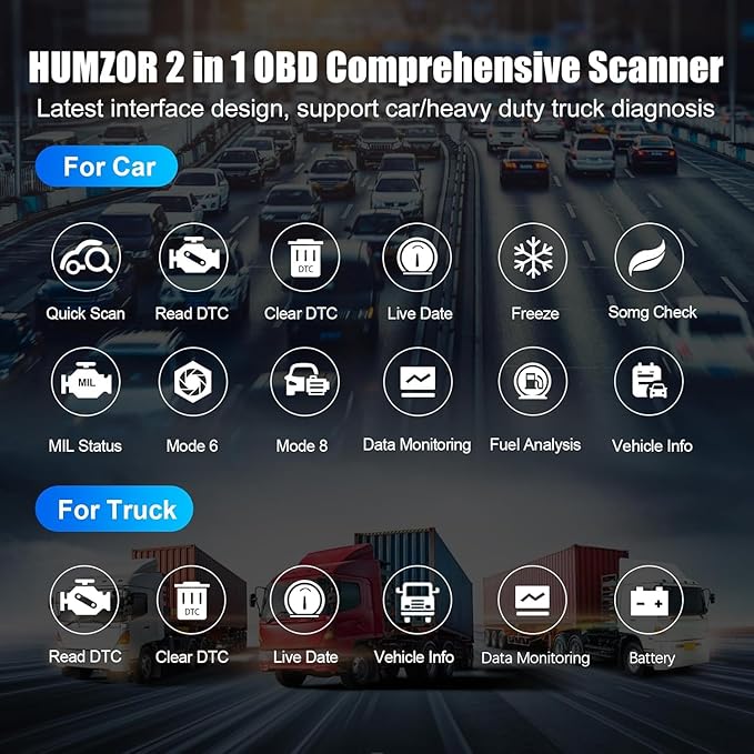Heavy Duty Truck Scanner, NC610 Diesel Diagnostic Scan Tool for Cummins, Detroit, Freightliner, International, Paccar, 2 in 1 Truck & Car Engine Code Reader/OBD2 Scanner (NC610)