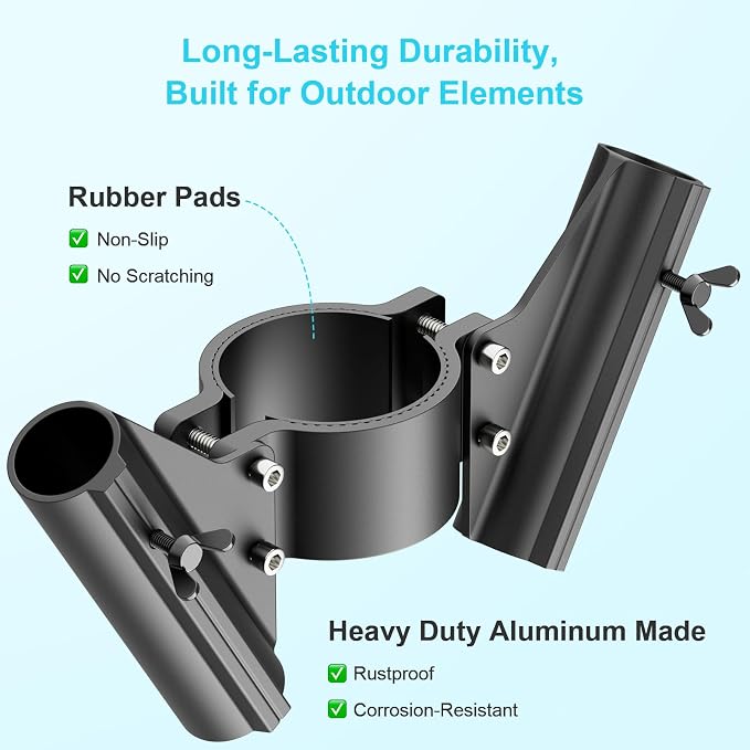 RV Dual Flag Pole Mount for 2" and 2¼" Tongue Jack, Heavy Duty Aluminum Camper Flagpole Holder Fit Double 1" Flag Pole Bracket, RV Trailer Essentials with Quick Lock Wing Screws, Drain Holes