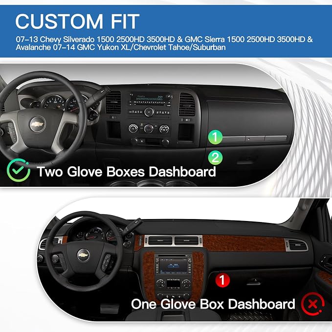 KUST Black Dash Cover for 2007-2013 Chevy Silverado/GMC Sierra/Chevy Avalanche/GMC Yukon/GMC Yukon XL/Chevrolet Tahoe/Suburban (Only Fit 2 Glove Box Dashboard)
