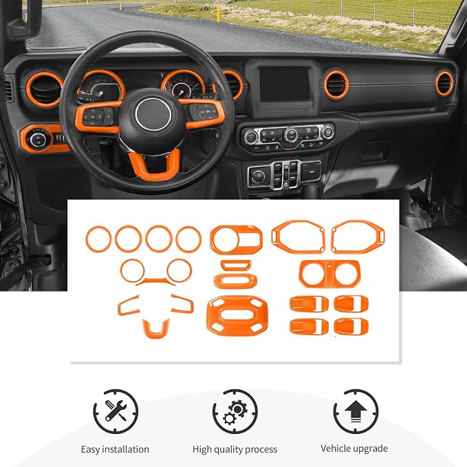 21PCS Orange Interior Trim Kits Fit for 2018-2023 Jeep Wrangler JL JLU & Gladiator JT 4Door Interior Decor Accessories Dashboard AC Headlight Switch Roof Speaker Inner Door Bowl Steering Button Frame