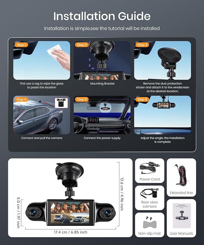 2K Dash Cam 360° View 4 Channel Front and Rear Dash Camera for Cars, 3x1080P, Left Right Dash Camera for Cars, 8 IR Lamps Night Vision, WiFi & APP Control, G-Sensor, 24H Parking Mode