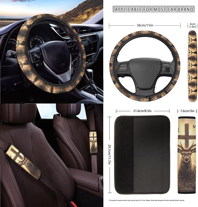 Wild Deer with Cross Print 15 PCS Car Accessories, Universal Auto Seat Protector Steering Wheel Cover Seatbelt Strap Covers Trash Can Cup Holders Rearview Mirror Cover Keychain