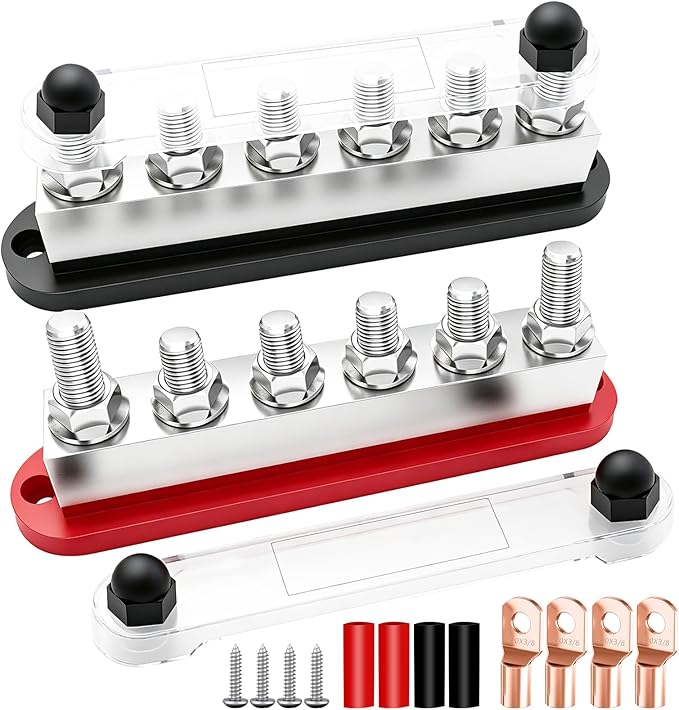 650A Marine Bus Bar Heavy Duty Power Distribution Block, Battery Busbar, Automotive Buss bar Terminal Block with 6X 3/8" (M10) Studs for Car, Boat and Solar Wiring (Black+Red)