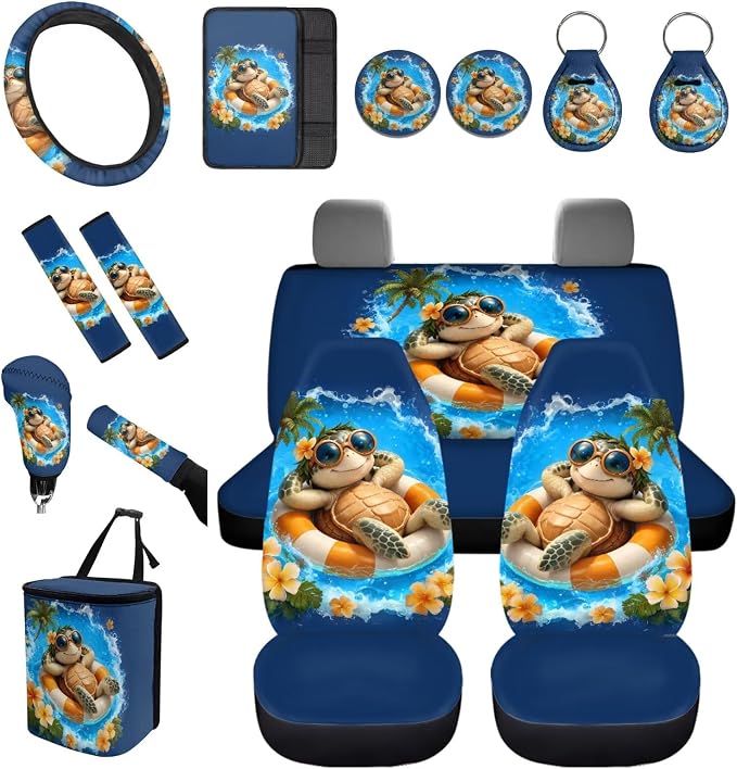 Forchrinse Hawaiian Sea Turtle Car Seat Covers 15 Pcs Auto Interior Cover Set with Steering Wheel Cover,Armrest Seatbelt Pads,Car Garbage Can,Coaster,Handbrake Gearshift Cover for SUVs Trucks