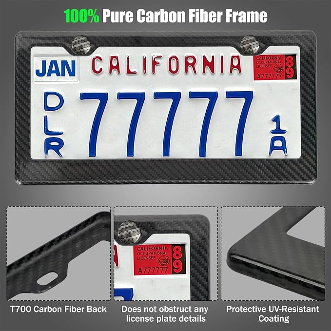 Real Carbon Fiber License Plate Frame 5PCS Gift Set, Car Accessories with RFID Blocking Carbon Fiber Pattern Wallet, Keychain, Cup Holder Mats & Tire Valve Caps, Screw Caps, Rattle-Proof Pad