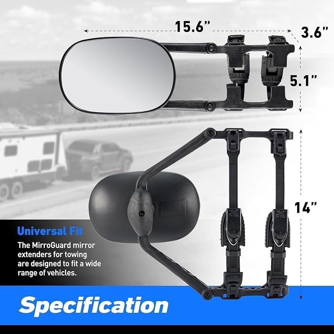 MG91 Dual-Arm Towing Mirrors for Trucks, SUVs, RVs & Trailers | Fluorescent Green finish with two securing straps and a rubber strap to help reduce vibration and keep mirrors steady.