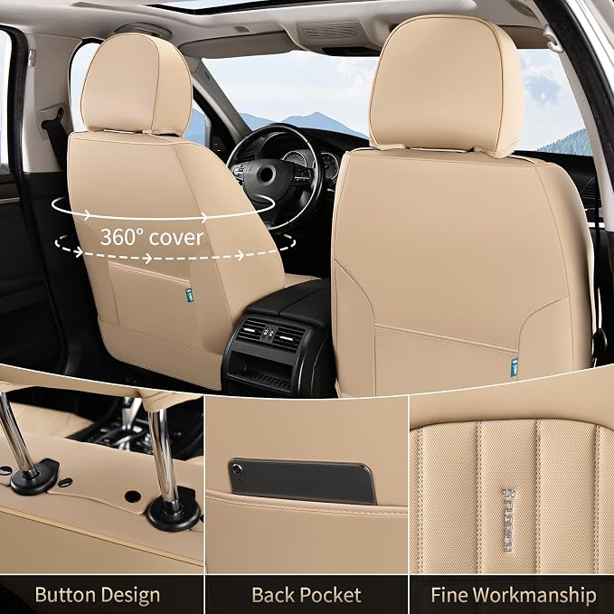 FLORICH Seat Cover, Leather Car Seat Covers Full Set, Waterproof Car Seat Protectors 5 Seats, Front and Rear Seat Covers for Cars, Automotive Seat Protector Fit for Most Sedans SUV Truck - Beige