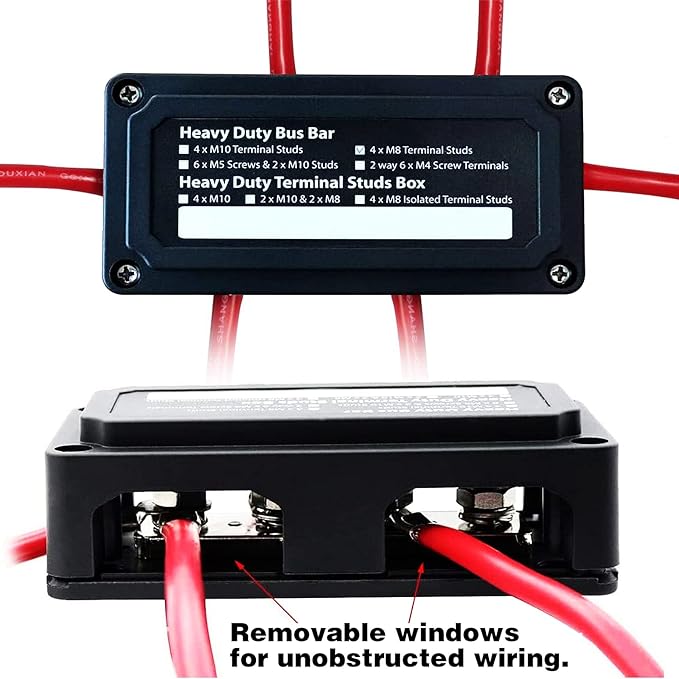 300A Bus Bar 12V Waterproof Marine Bus Bar Heavy Duty Module Design Power Distribution Block with 4 X M8(5/16") Terminal Studs Battery Bus Bar for Marine Car RV Truck Solar Systems (Black)