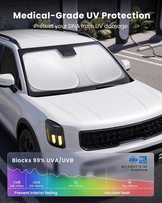 REEVAA 2026 3rd Pro Windshield Sunshade for 2020-2025 Kia Telluride | Dual-Layer Heat & Sun Defense, OEM Design | Foldable Sun Shade Car Accessories with Storage Bag