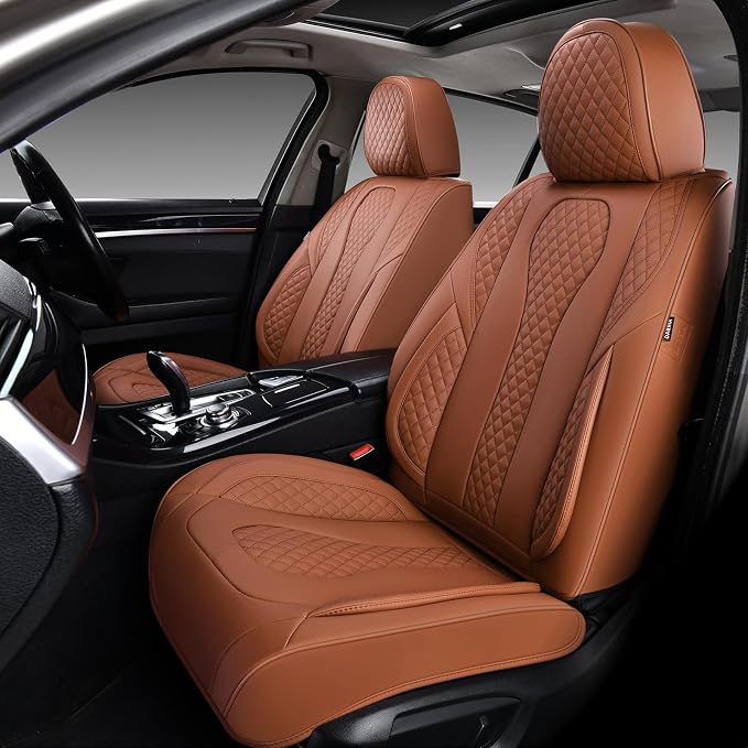 Car Seat Covers Full Set, 2-Seater Waterproof and Breathable Nappa Leather, Fit for Front Seats of Cars, Compatible with Airbags, Car Seat Protector Covers for Most Cars - All Brown