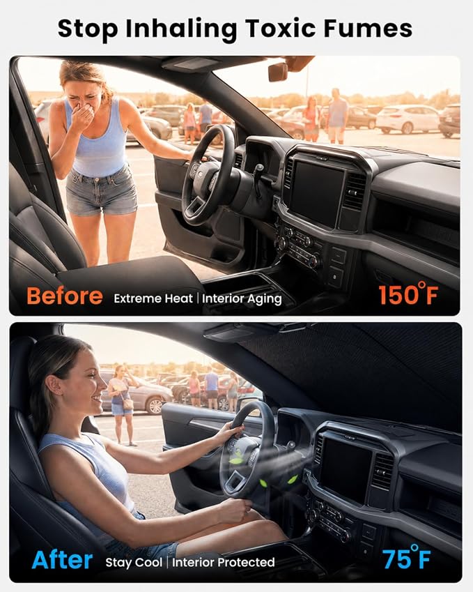REEVAA 2026 3rd Pro Windshield Sunshade for 2015-2026 Ford F150/250/350/450 | Dual-Layer Heat & Sun Defense, OEM Design | Foldable Sun Shade Car Accessories with Storage Bag