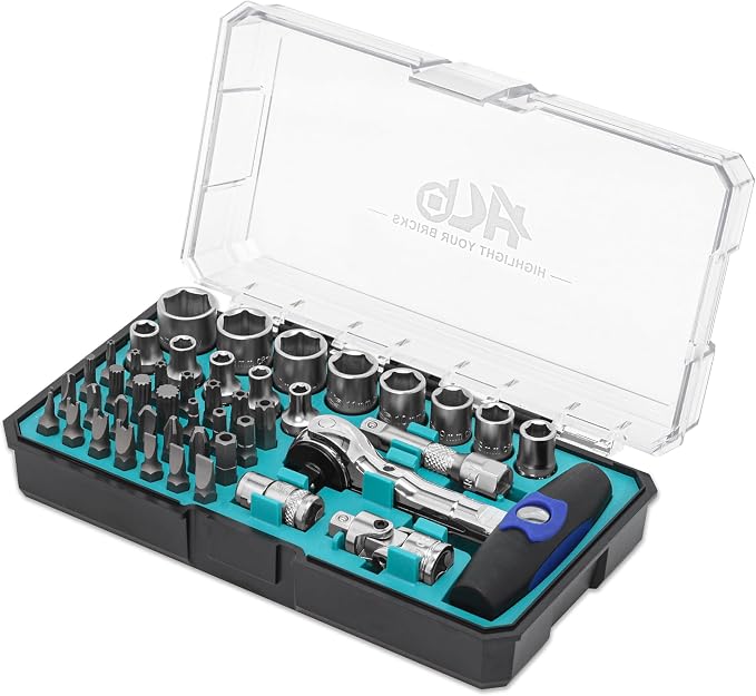 HB 50-Piece Socket and Bit Set AKM025-U | 90-Tooth 1/4-Inch Drive Swivel Head Pivot Ratchet Handle Quick Release Reversible | Security Bits Chrome Vanadium Steel S2 Steel Portable Case Made in Taiwan
