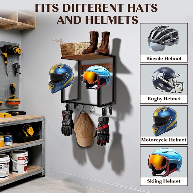 NANXITU Motorcycle Helmet Holder Wall Mount, Wooden Helmet Display Stands with Metal Frame Tiered Organizer,with 2 Helmet Rack,4 Glove Chips and 8 Hooks for Motorcycle Gear Accessories Storage