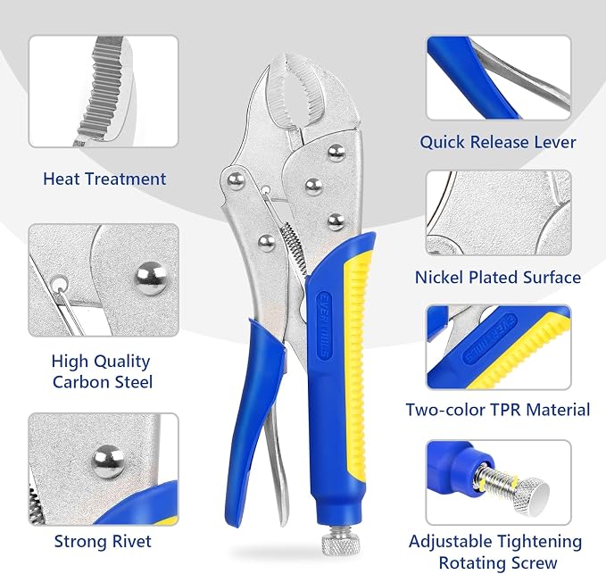 Locking Pliers Set,5"/7"/10" Curved Jaw Vise Grip,6-1/2"and 9-1/2" Needle Nose Vice Grips, 6" C-Clamp for Woodworking, Metal Working and Welding