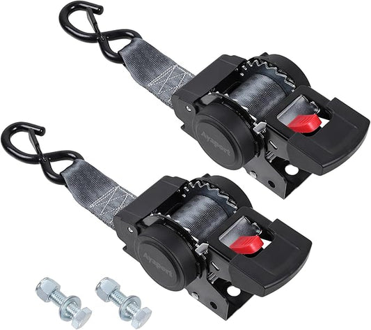 Ayaport Retractable Transom Tie Down Straps 2in X 8ft Boat Tie Down Straps to Trailer- 3300lbs Break Strength, Heavy Duty Bolt-on Ratchet Straps for Cargo, Boat, Motorcycles, ATV, 2pk