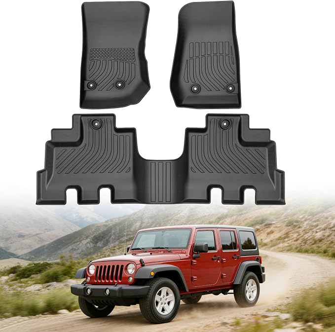 Floor Mats for Jeep Wrangler JK Unlimited 4 Door 2014-2017 (Not for JL, 4XE or 2 Door), Custom Fit Heavy Duty TPE All Weather Protection, Waterproof Non-Slip Black (Two-Row Floor Mats)