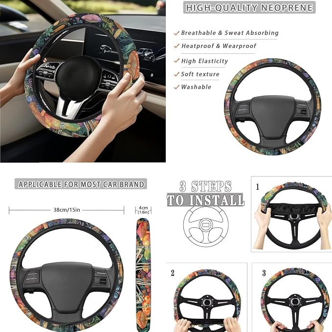 Goth Moon Skeleton Car Seat Covers Full Set 15 Pcs Universal Car Accessories Steering Wheel Cover Seat Belt Pads Garbage Bag Car Headrest Pillow Covers Armrest Pad