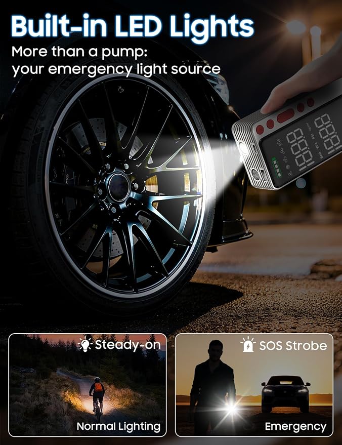 MATULSA Tire Inflator Portable Air Compressor, Silver Smart Air Pump for Car Tires, All-in-One Storage Bike Tire Pump with LED Light, 10000mAh&150PSI Pump for Motor, Bicycle and More, Auto Shut-Off