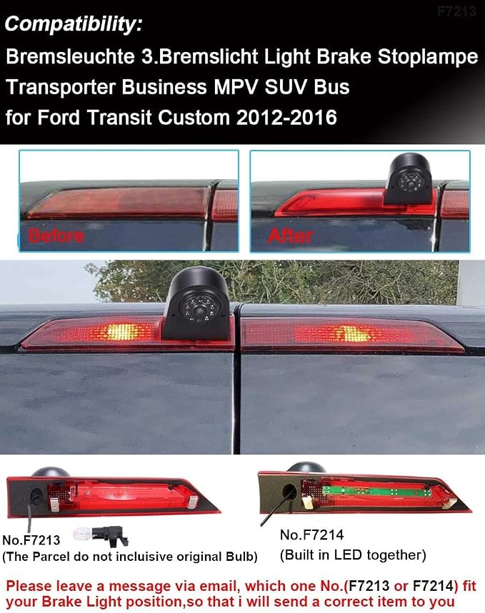 Car High Mount Brake Light Reversing Camera Backup Camera for Ford Transit Custom 2012-2016
