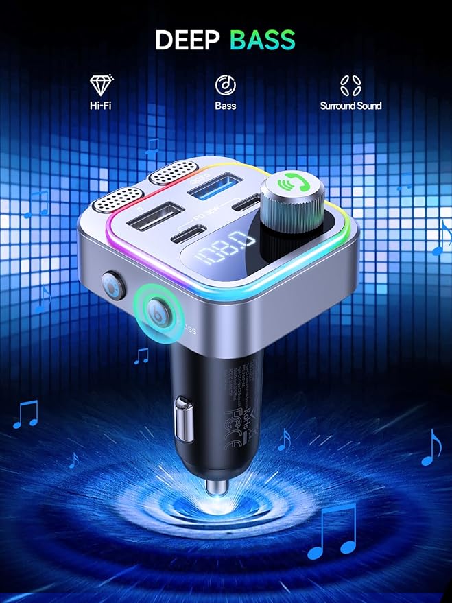 60W Bluetooth 5.4 FM Transmitter Car Adapter [Reinforced Dual Mics & Deep Bass] [Dual PD 60W & QC3.0] Fast Charging Handsfree Calling Wireless Radio Bluetooth Transmitter for Car [Silver]