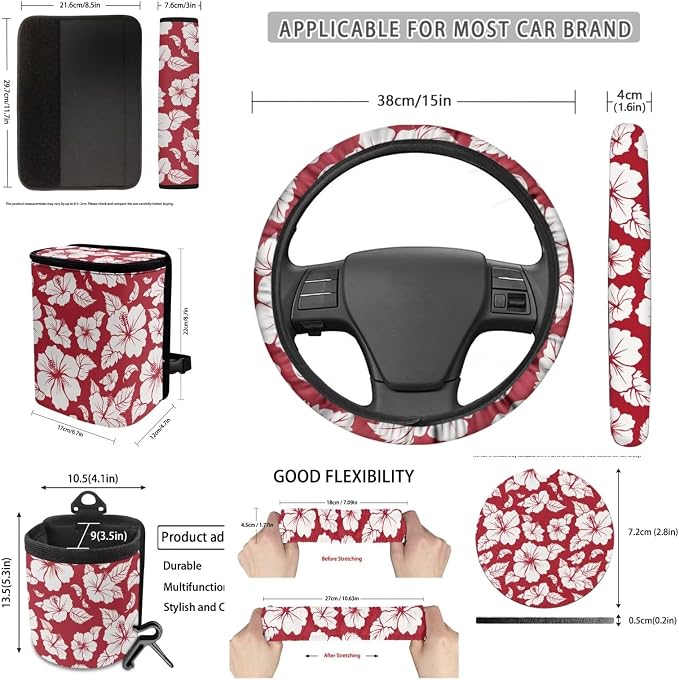 Dreaweet Car Seat Covers Full Set for Women Red Hibiscus Flowers Car Accessories Seat Cover with Steering Wheel Cover Seat Belt Pad Coasters Garbage Bag Air Vent Pouch Rear View Mirror Cover Keychain