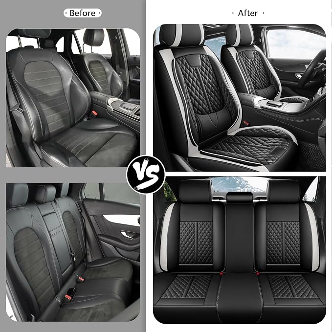 otoez Leather Car Seat Covers Full Set, Breathable Waterproof Nappa Leather Front Rear Car Seat Protectors with Lumbar Support, Universal Automotive Seat Covers for Cars SUV Truck Sedan (Black+White)