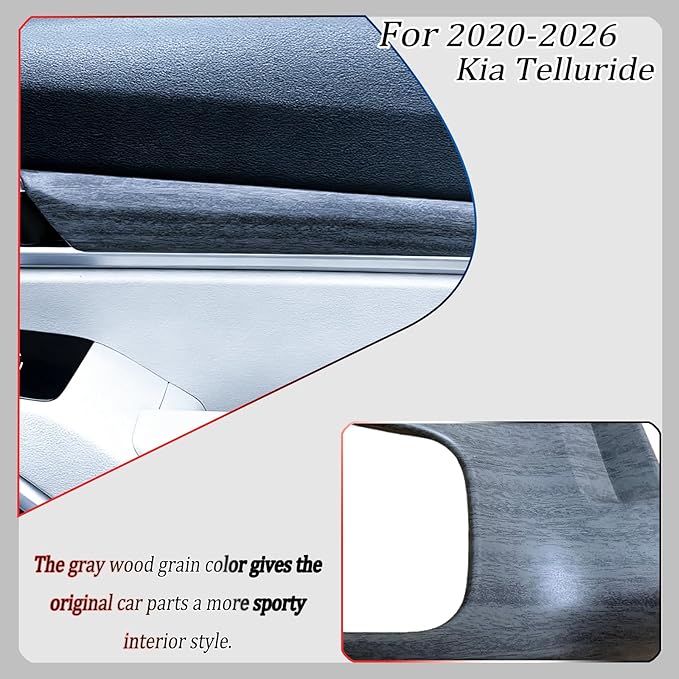 Door Panel Cover, for Kia Telluride 2020 2021 2022 2023 2024 2025 2026, Interior Door Handle Trim Overlay - Gray Wood Grain Pattern Protective Accessories