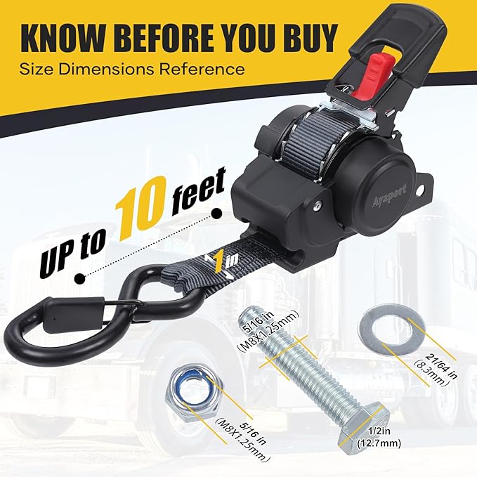 Ayaport Retractable Transom Tie Down Straps 1in X 10ft Tie Down Straps to Trailer- 1500lbs Break Strength, Medium Duty Bolt-on Ratchet Straps for Cargo, Boat, Motorcycles, ATV, 2pk