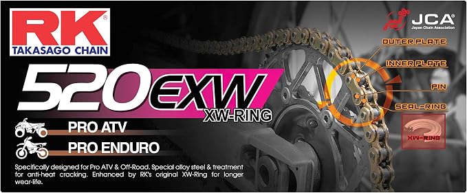 RK Racing Chain 520EXW-104 (520 Series) Steel 104 Link Extreme Performance Off-Road and ATV XW-Ring Chain with Connecting Link